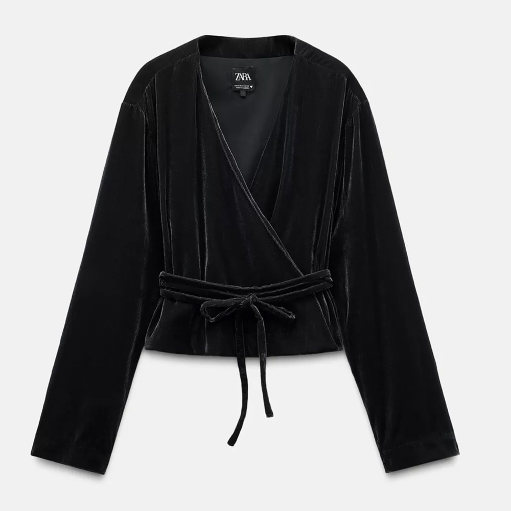 Zara slate gray Velvet Wrap Blouse with Tie Waist